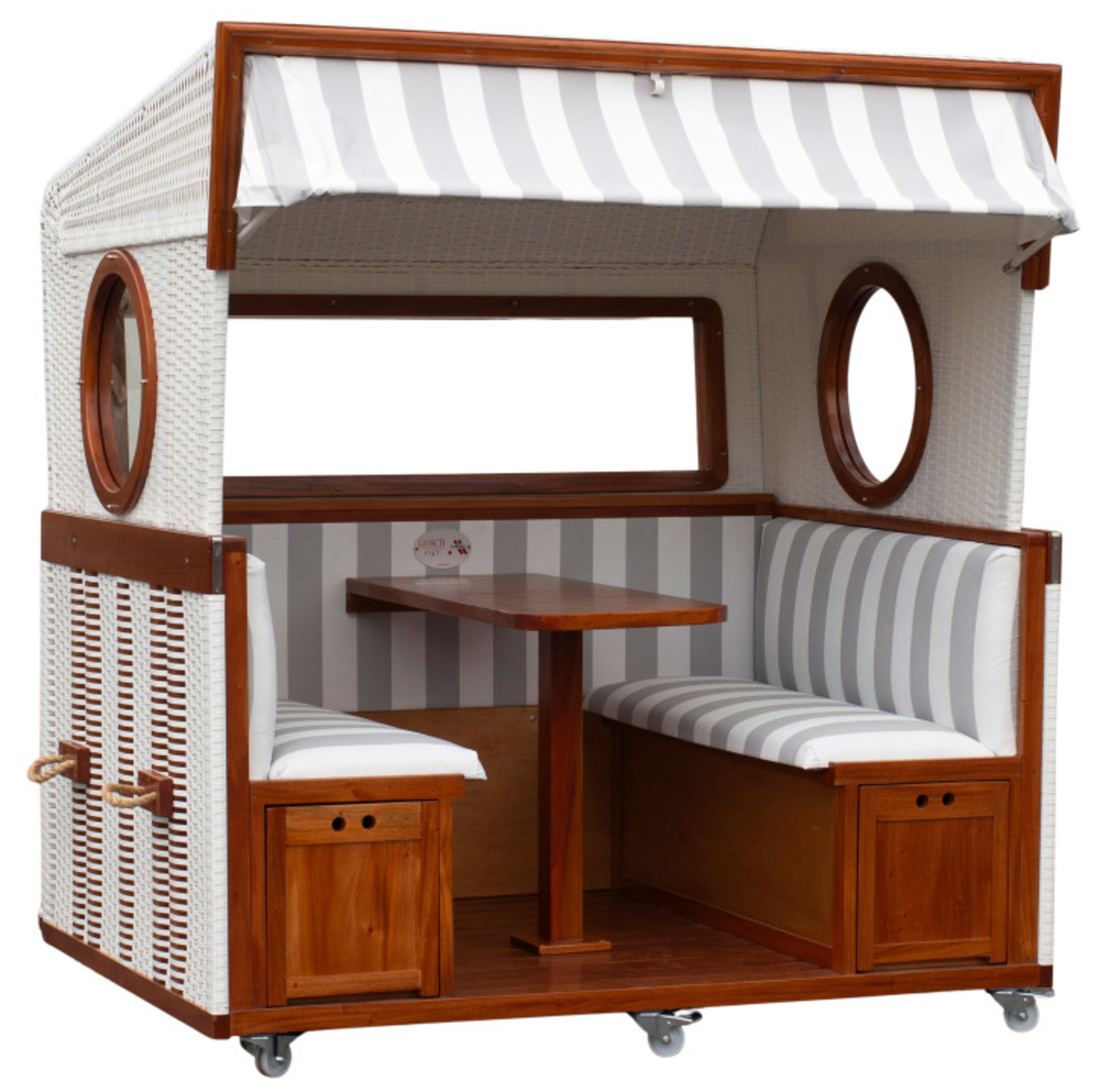 Gosch-Lounge Strandkorb 6-Sitzer durchgeflochten Mahagoni PVC Weiß ERA Dessin 989 Gosch-Lounge Strandkorb 6-Sitzer durchgeflochten Mahagoni PVC Weiß ERA Dessin 989